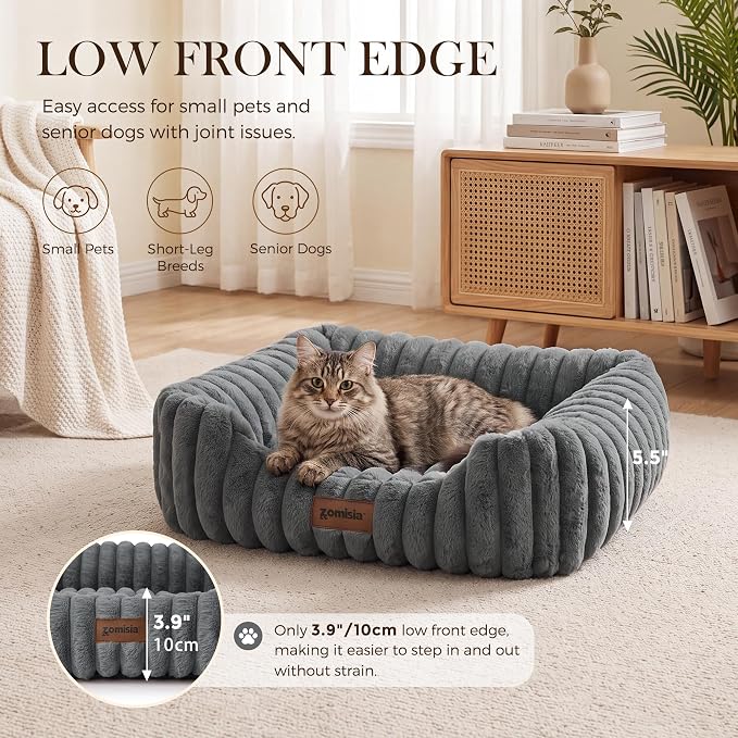 ZOMISIA Small Dog Bed, Cat Bed for Indoor Cats with Washable Cover, 20x19'' | Orthopedic Dog Beds for Small Dogs, Neck-Friendly Bolster, Low-Front Edge, Puppy Bed with Waterproof Removable Cover, Brown