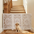 Lightnpro 3-Panel Carved Wooden Dog Gate – 54 Inch Foldable Freestanding Pet Barrier, White Wash Indoor Safety Fence for Small Dogs & Puppies – 24x18 Inch Panels