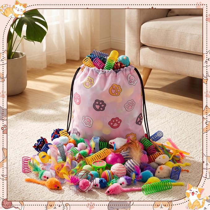 Leitee 151 Pcs Cat Interactive Toys for Indoor Cats Bulk with Gift Storage Bag Kitten Toys Stuff Gift Set Including Springs Mice Balls Bells Sisal Ball for Indoor Kitty Play Exercise (Bright)