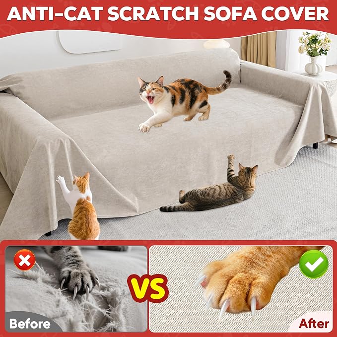 Loiion Cat Scratch Proof Furniture Protector Waterproof Sofa Cover 134"x71" | Pet-Friendly Couch Protector, Anti-Scratch & Anti-Slip Sofa Cover For Cats Dogs Kids, Machine Washable