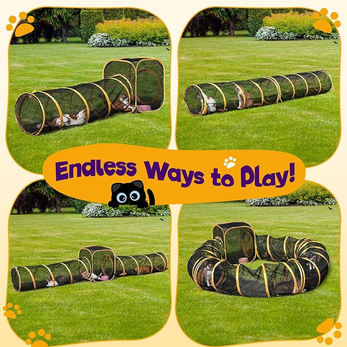 Outdoor Cat Enclosures with Tunnels, Rywell 10FT Cat Tunnel Outdoor with Cube, Portable Cat Playpen and Catio with Carry Bag for Multiple Cats