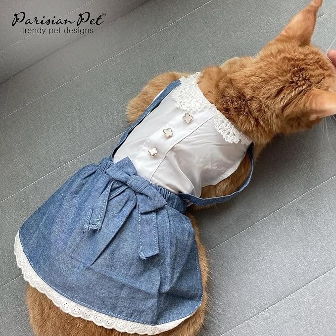 Parisian Pet Chambray Overall Dog Dress - Summer Clothes for Small Dogs Girl - Blue Denim Pet Dress - Designer Dog Overalls - Lightweight and Breathable Puppy Clothes - Dresses for Dogs
