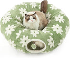 Lesure Donut Cute Jacquard Cat Tunnel Bed Kitten Toys for Puppy Bunny | 33.5x33.5x10in,Round Cat Bed Tube for Indoor Cats Rabbit Dog,Pet Peekaboo Cave Toy,Spiral Hideaway,Washable Cushion,Green