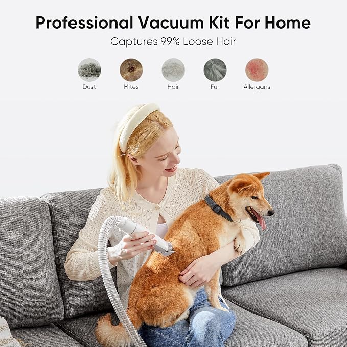 NEWBULIG Pet Grooming Vacuum Kit for Cats and Dogs, 2.5L Dust Cup, White | 3 Suction Modes and 5 Groomer Tools, Dog Clippers with Cordless Low Noise for Cats, Dogs Other Animals Hair Trimmer