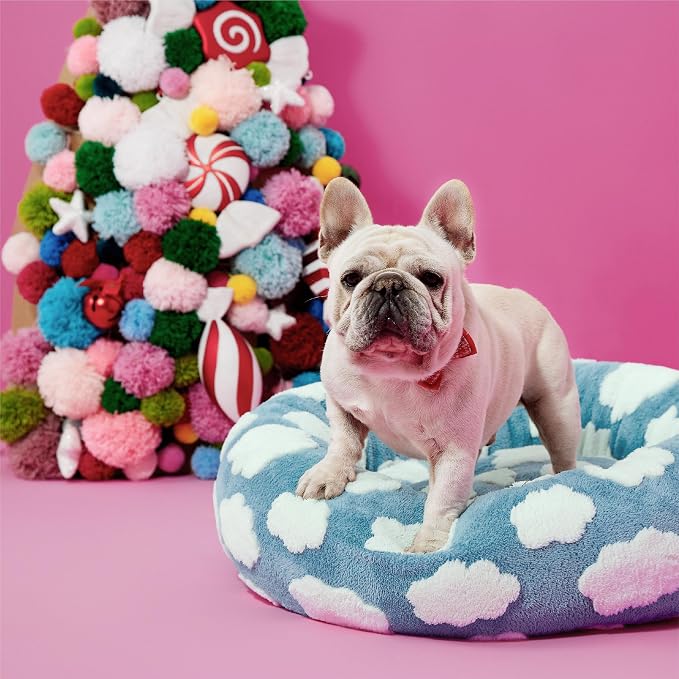 LE SURE Shown on TV Donut Dog Bed Medium Size Dog - Round Cat Beds Indoor as Bed Gift for Calming with Washable Cover, Cute Home Decor Bed with Jacquard Shaggy Plush & Anti Slip Bottom, 30 Inch, Blue | Orthopedic Calming Pet Bed Sofa, Original Design P...