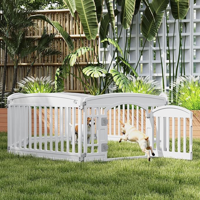 DUMOS Dog Playpen 6 Panels 24" Plastic Exercise Indoor Pen with Door Small Puppy, Medium Dogs Animal Pet Fence for Outdoor, Garden, Yard, RV Camping, White