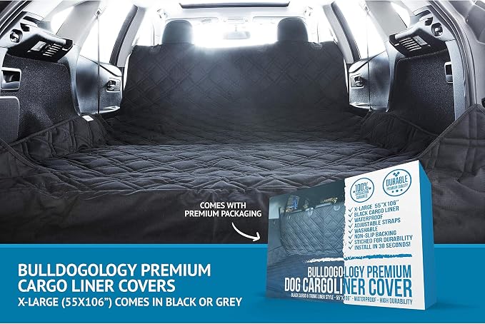 Bulldogology SUV Cargo Liner for Dogs 55"x106" Heavy Duty Pet Trunk Cargo Cover - Dog Car Seat Cover Waterproof Nonslip - Dog Hair, Muddy Paws, Scratches Cover Protector for Cars Vans (X-Large, Black)