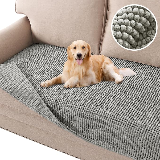 H.VERSAILTEX Plush Chenille Dog Bed Cover Thick Soft Loveseat Cover for 2 Cushion Couch Anti Slip Couch Cover Furniture Protector for Dog, Pet, Cat (35" x 62", Dove)