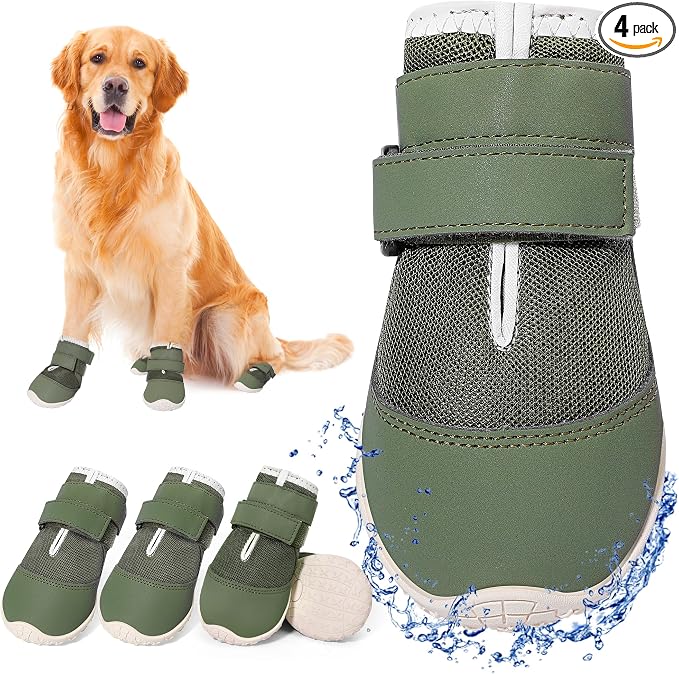 DcOaGt Dog Shoes for Large Dogs, Mesh Breathable Dog Boots & Paw Protectors for Hot Pavement Summer Winter Snow, 360° Anti-Slip Dog Booties for Hiking/Walking,Military Green 4PCS(Size 8)