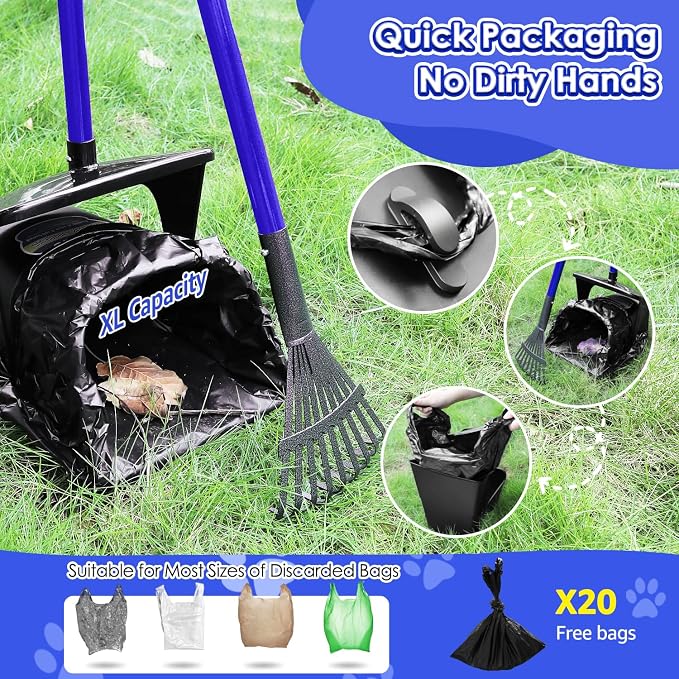 SlowTon Dog Pooper Scooper, 37.4" Long Handle Poop Scoop for Large Dogs | Adjustable, Portable, Non Breakable, with 20 Waste Bags, Swivel Extra Large Bin & Rake & Spade Kit, for Gravel Lawn Grass