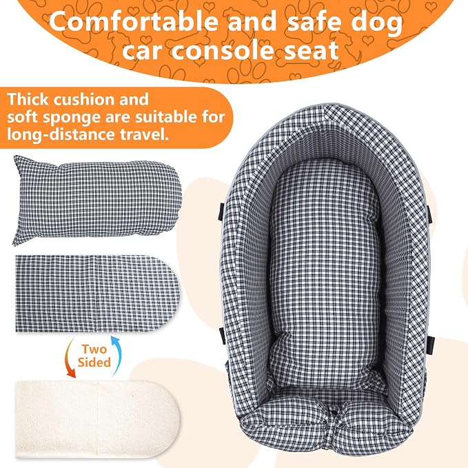 Center Console Dog Car Seat Dog Bed for Car Console Portable Armrest Booster Seat Carrier for Small Medium Dogs Anti-Collapse for Puppy Pet Up to 15 Lbs（Grid Black）