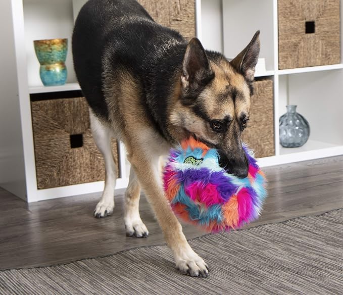 goDog Furballz Squeaky Plush Ball Dog Toy, Chew Guard Technology - Cool Rainbow, Large