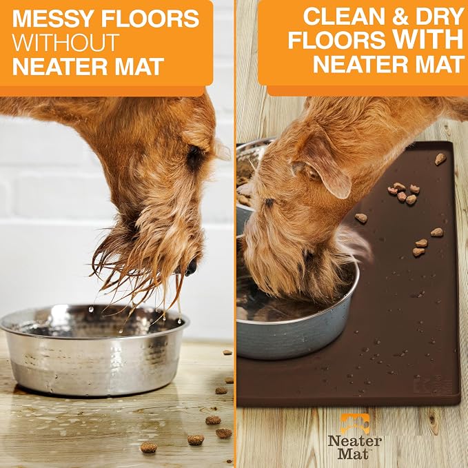Neater Pet Brands Neater Mat Pet Mats for Food and Water, Cat & Dog Bowl Mat Waterproof Silicone, Feeding Tray, Dog Food Mats for Floors, Placemat w/Raised Edge for Under Bowls, 19” x 12”, Brown