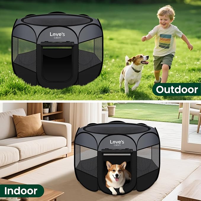 Love's cabin Pet Puppy Dog Playpen, Large Dog Tent Crates Cage Indoor/Outdoor, Portable Playpen for Cat, Foldable Pop Up Dog Kennel Playpen with Carring Case, Removable Zipper Top, Dark Grey