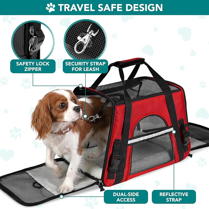 PetAmi Airline Approved Pet Carrier for Cats & Small Dogs, Soft Sided TSA Travel Carrier Bag with Sherpa Bed, Breathable Mesh Ventilation, Collapsible Bowl, Fits Under Seat, Up to 18 lbs, Small Red
