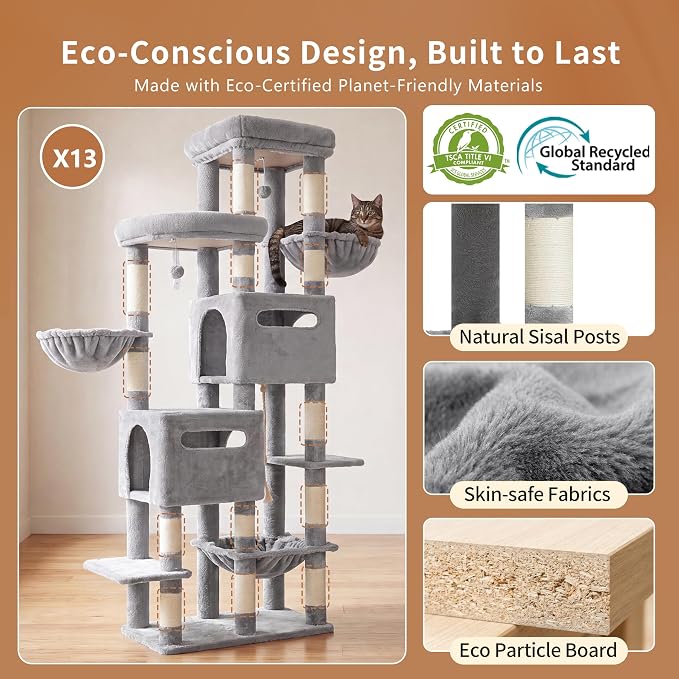 Heybly Cat Tree, 74.8-Inch Spacious & Tall Cat Tower for Large Cats HCT062W | Cat Furniture with Large Top Perch, Solid Base, 2 Cat Condos, Hanging Hammock, Durable Sisal Scratching Posts, Light Gray