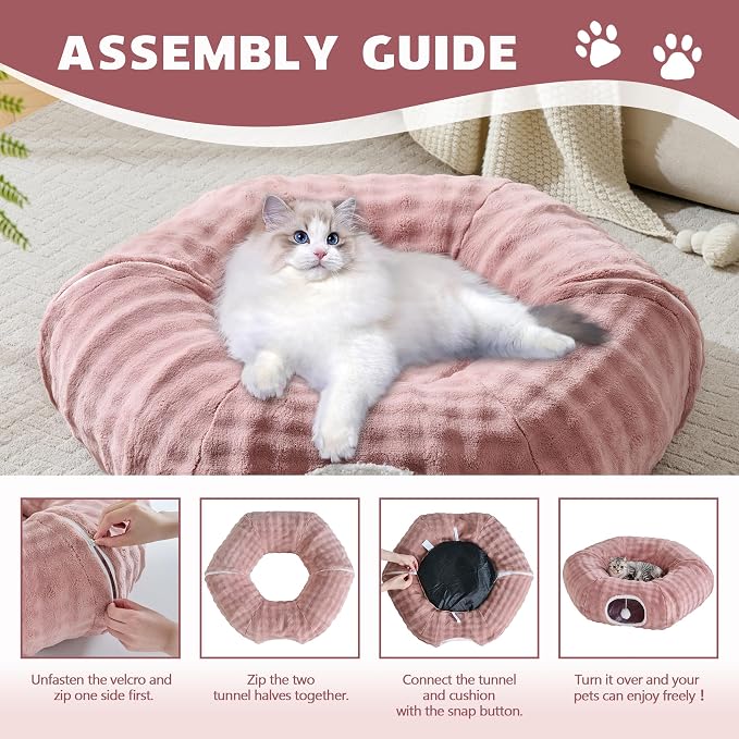 Bubble Round Cat Tunnel for Indoor Cats, Dusty Pink | Peekaboo Cave Toy with Dangling Balls, Donut Tunnel Bed with Circle Mat for Puppy Kitten Rabbit