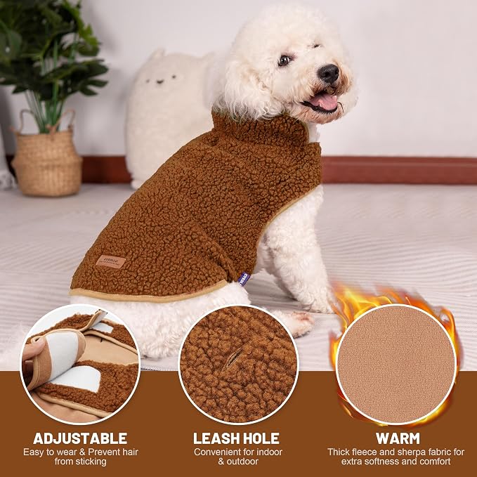 cyeollo Dog Coats Fleece Furry Reversible Turtleneck Sweater Thick Dog Jackets for Winter Warm Clothes Cold Weather Coats for Small Dogs Brown Apparel