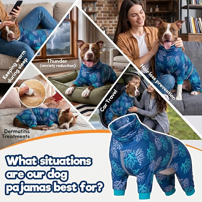 LovinPet Boxer Dogs Onesie Pajamas - UV Protection&Wound Care, Anxiety Relief, Lightweight Stretchy Fabric, Reflective Stripe, Coral Tree Print, Post Surgery Clothes, Pet PJ's /2XL