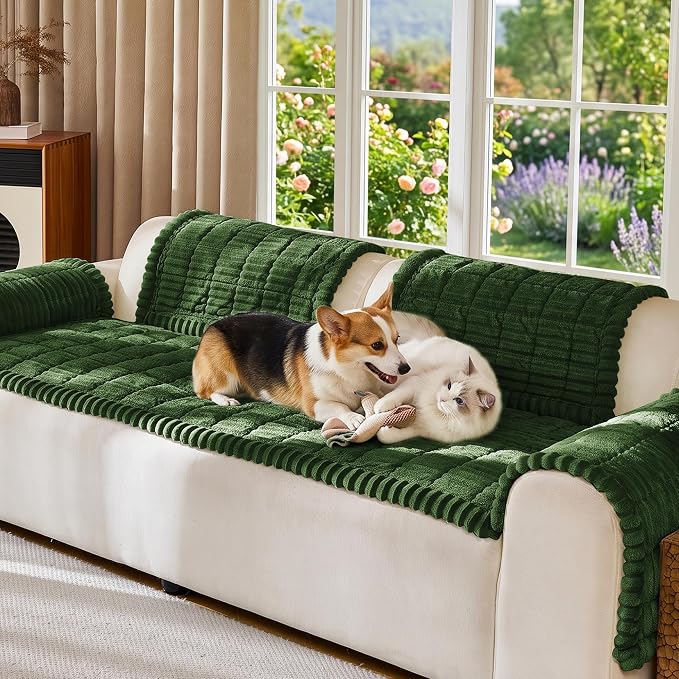 FUANGUI Waterproof Couch Cover Sofa Cover for Dogs and Pets Sofa Protector | Non-Slip Washable Fuzzy Soft Cat Bed Sofa Slipcover for 2-3 Cushion Couch Sofa Pet Friendly, Dark Green, 27.6" x 94.5", 1 pcs