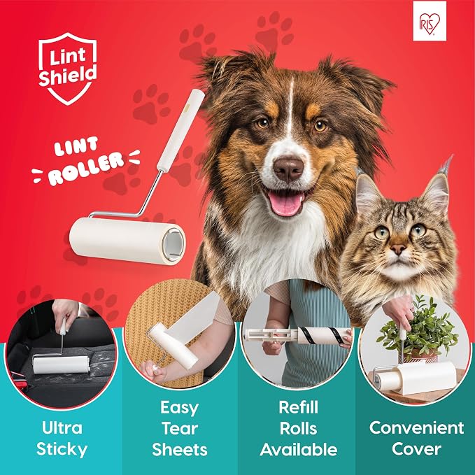 IRIS USA Large Lint Roller with Extension Pole, Storage Box, Refills | Comes With Lint Roller Cover, Extra Refills*6: 90 Sheets/Roll- 540 Sheets Total, Easy Tear Design, Pet Hair Remover
