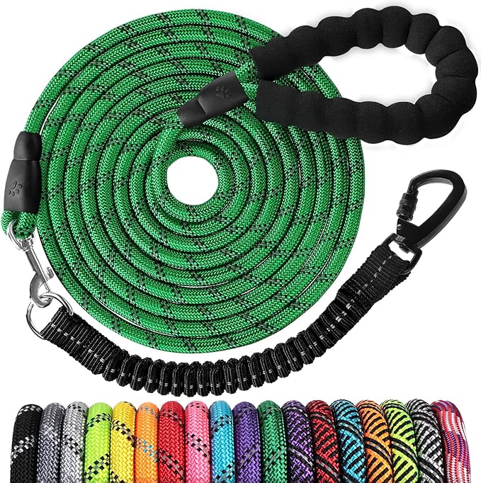 Long Dog Leash 15 FT: Heavy Duty Rope Leashes for Dogs Training with Swivel Lockable Hook Reflective Threads Bungee and Padded Handle - Dog Lead for Large Small Medium Dogs Outside Walking Hiking
