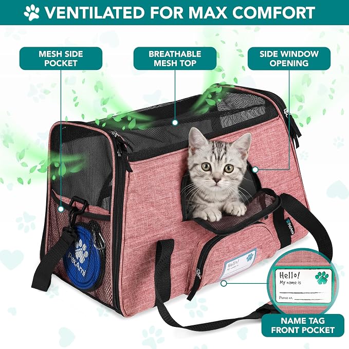 PetAmi Airline Approved Pet Carrier for Cats & Small Dogs, Soft Sided TSA Travel Carrier Bag with Sherpa Bed, Breathable Mesh Ventilation, Collapsible Bowl, Up to 18 lbs, Large Heather White Red