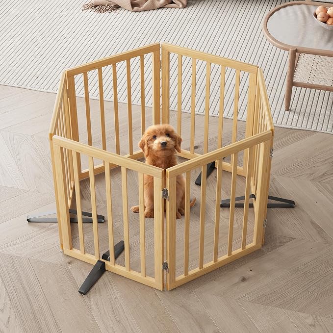 Semiocthome Bamboo Dog Gates for The House Extra Wide, 6-Panel Freestanding Pet Gates with 4PCS Metal Stands for Doorways and Stairs, 24“H Foldable Dog Fences Indoor, Expands Up to 9(ft) /110" (W)