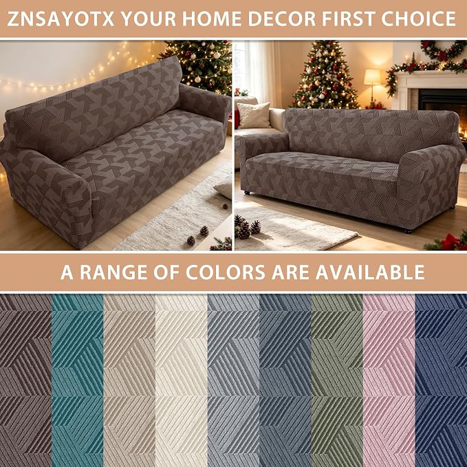 ZNSAYOTX Stretch Couch Covers for 3 Cushion Couch, 1-Piece Sofa Cover Slipcover Pet Friendly, Furniture Protector with Elastic Bottom for Dogs Geometrical Jacquard Fabric (Large, Brown)