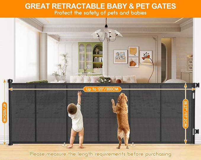 EZIGO 120 Inch Retractable Baby Gates, 41 Inch Extra Tall Retractable Gate | Reinforced Retractable Dog Gate with Rods, 10 FT Extra Long Mesh Pet Gate for Stairs Hallways Doorway Indoor Outdoor, Black