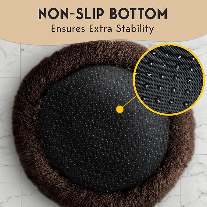 PetJett Calming Dog Bed Medium Size Dog - 30'' Donut Bed, Anti-Slip & Washable Super Soft Fluffy Plush Round Bed, Anti-Anxiety Premium Comfort Pet Bed, Fits Dogs up to 45 lbs - Brown