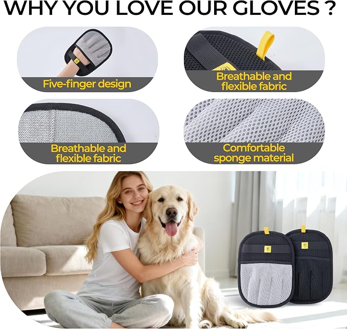 2Pcs Pet Hair Removal Glove for Dogs & Cats - Upgraded Reusable Electrostatic Pet Hair Glove, Pet Hair Remover Tool for Laundry, Couch, Carpet & Car Seat, Pet Grooming Kit (Gray/Black Combo)