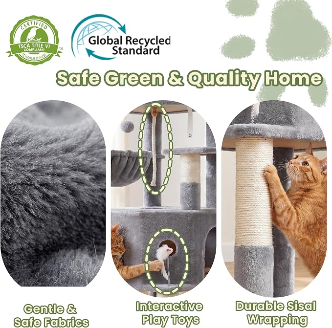 Cat Tree, 81.1" Tall Heavy Duty Cat Tower for Large Cats VCT032W | Cat Furniture with 3 Wide Platforms, Diamond-Shaped Condo 2 Sisal Scratchers, Hammock & Stable Base, Light Gray