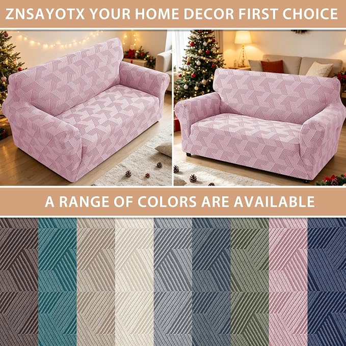 ZNSAYOTX Stretch Couch Covers for 2 Cushion Couch, 1-Piece Loveseat Covers Sofa Slipcover, Furniture Protector with Elastic Bottom for Dogs Geometrical Jacquard Fabric (Medium, Dusty Pink)