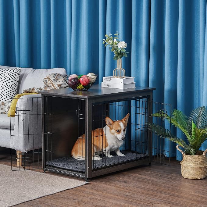 DWANTON Dog Crate Furniture with Cushion, Wooden Kennel Table with Double Doors, Indoor Dog House, Medium Size, 32.5" L, Dark Gray