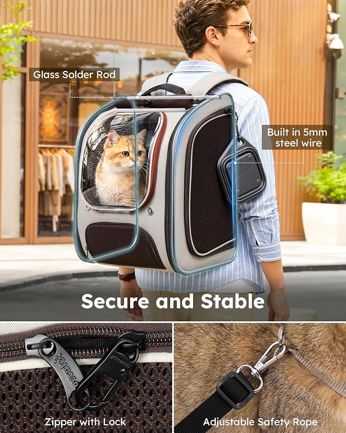 Pecute Dog Backpack Carrier,Large Space Dog Bubble Backpack,Ergonomic,Khaki | Color Blocking,Sunshade curtain,Folding bowl,Transparent window,Sturdy,Large mesh on both sides for breathability
