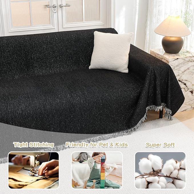MYSKY HOME Couch Covers for Sofa, Black Couch Sofa Covers for 3 Cushion Couch Sofa, Non Slip Soft Sofa Cover, Couch Cover for Dogs Washable Furniture Protector, 91"x134", Black
