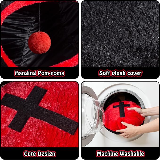 Gothic Coffin Tunnel Cat Bed, Washable, Fits Cat up to 25 lbs | Two-way tunnel design. Size: 10"x33.5". Black & Red. Includes soft washable cushion. Also for small rabbits indoor.