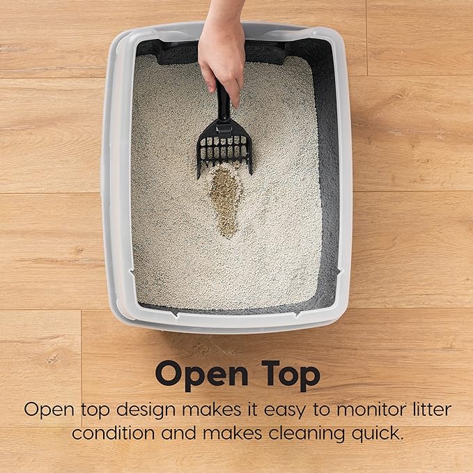 IRIS USA Large High Sided Cat Litter Box, Scatter Shield | High Kickers, Kick-Proof Sides, Extra Deep Pan, Raised Edge Protection, Keeps Floor Clean, Easy Daily Scoop