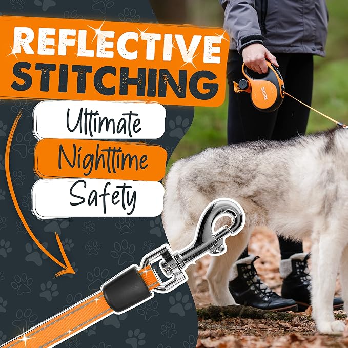 Mighty Paw Retractable Dog Leash with Poop Bag Holder, 16 Ft | Quick-Lock Brake, For Pets Up To 50 Lbs, Stainless Steel Coil, Reflective Nylon Tape, Tangle-Free Swivel Clip