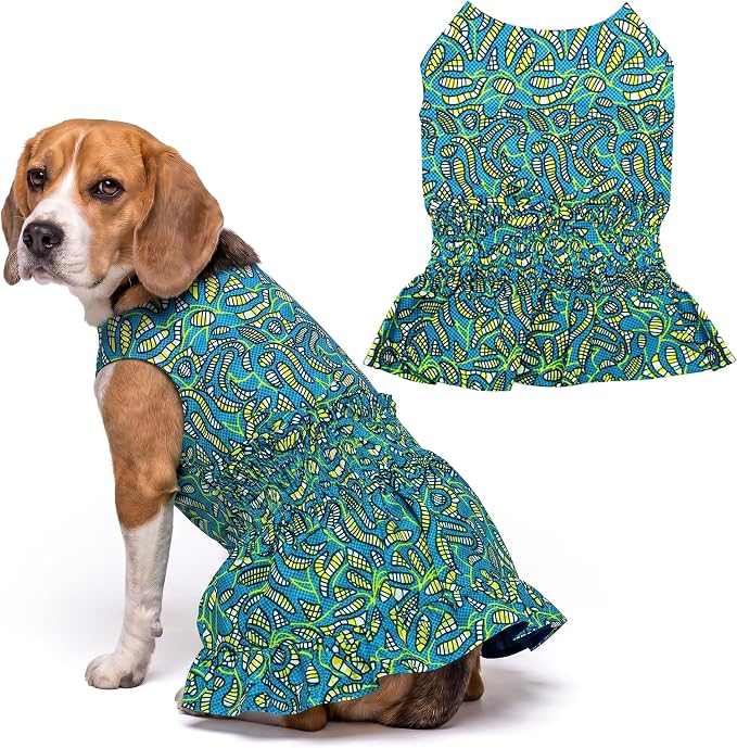 Parisian Pet Tribal Dog Dress - Summer Clothes for Large Dogs Girl - Ruched Waist Pet Dress - Stylish Printed Beach Dog Outfit - Lightweight Puppy Clothes - Sleeveless Dresses for Dogs