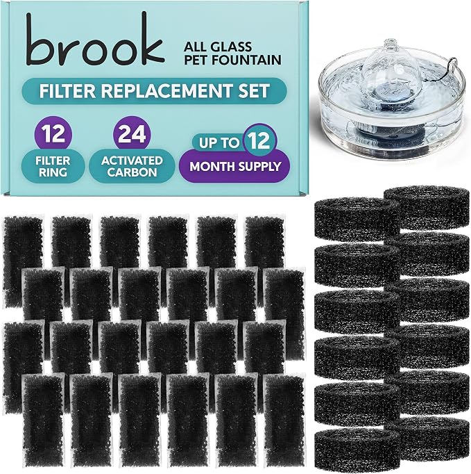 BROOK Glass Pet Fountain Filter Replacement Set – 12 Filter Rings & 24 Activated Carbon Pouches – Up to 12 Month Supply Replacement Filters Set for BROOK Cat Fountain