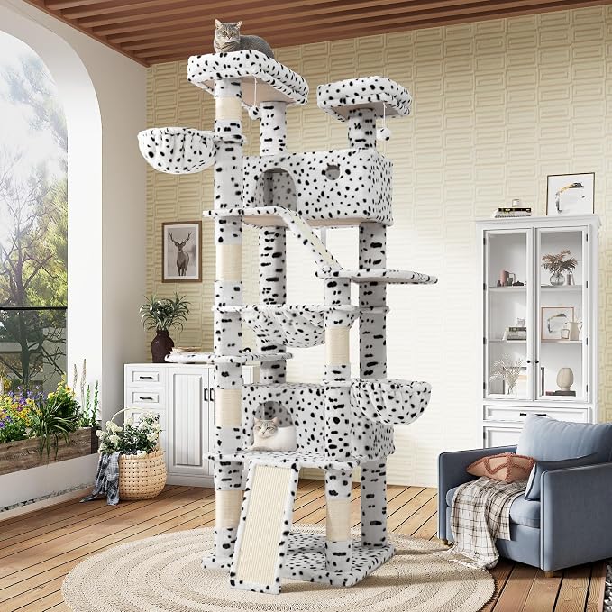 SHA CERLIN 81in Multi-Level Tall Cat Tree Tower for Indoor Kitties/Larger Cat Condo Furniture with Hammock/Cozy Pussycat Perches/Sisal Scratching Posts/Pet House/Wide Base/White & Black Spot