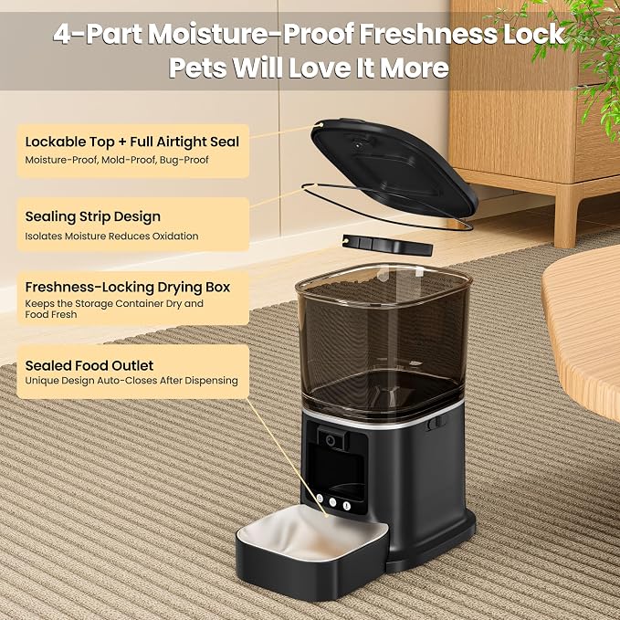 Automatic Cat Feeder with Camera, 2-Way Video& Audio, HD Video with Night Vision, 5G WiFi Pet Feeder, 5L Large Food Storage Container for Multiple Pet, Detachable for Easy Clean (Black)