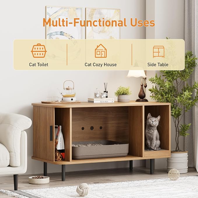 Halitaa 37.4" Cat Litter Box Enclosure with Scratch Pad, Sliding Door | Litter Box Enclosure Furniture Hidden Litter Box, Modern Indoor Cat House, TV Stand, Side End Table for Living Room, Natural