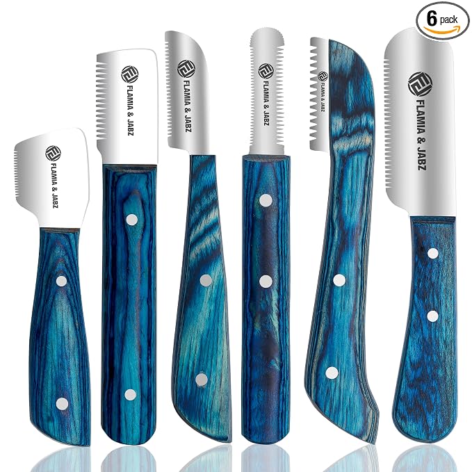 FLAMIA & JABZ FJ Professional Stripping Knife kit (6 pieces set) for Dogs & Pets, Wooden Handle Grip with Stainless Steel Blade (Right handed) (Blue)