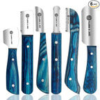 FLAMIA & JABZ FJ Professional Stripping Knife kit (6 pieces set) for Dogs & Pets, Wooden Handle Grip with Stainless Steel Blade (Right handed) (Blue)