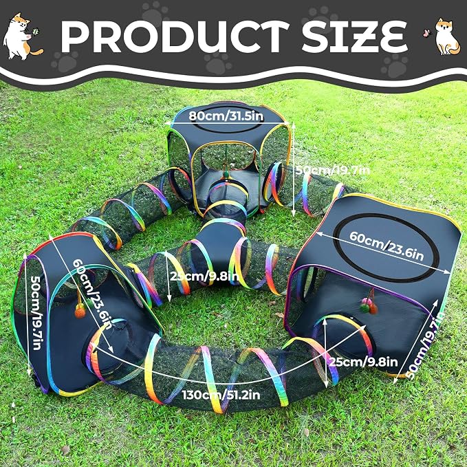 CypherX Outdoor Cat Enclosure, Portable Cat Tent with Tunnel Popup Catio | 7-in-1 modular design: 3 tents, 9.8" wide tunnels, scratch balls & storage bag. Durable setup for small animals & cats.