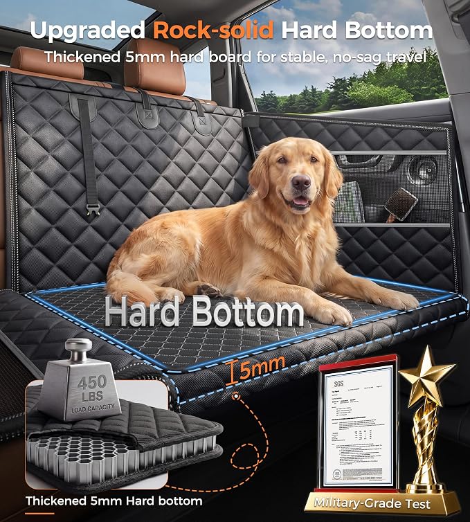 Doglike UNBREAK Hard Bottom Dog Car Seat for Back Seat [Military-Grade Protection], 450LB Ultra-Support Back Seat Extender for Dogs Carseat, Passenger Frinedly Waterproof Pet Carseat XL Size