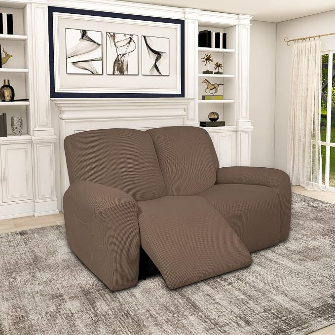 Easy-Going 100% Dual Waterproof Recliner Loveseat Cover, 6-Pieces Stretch Relining Sofa Cover with Pocket, Jacquard 2 Seat Sofa Slipcover Leakproof Washable (Loveseat, Brown)